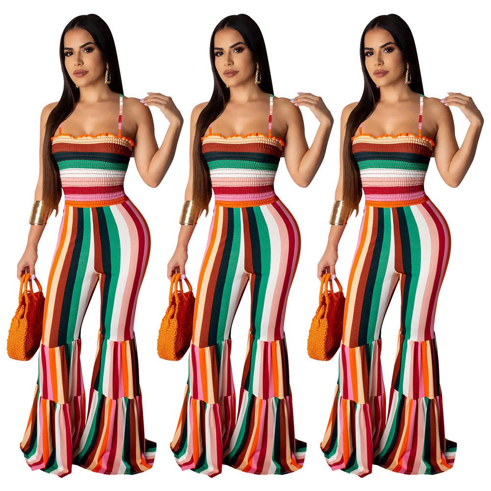 Ophestin Bell Bottom Jumpsuit for Women, Sexy Summer Spaghetti Strap Flare Pants Rompers Overalls Orange