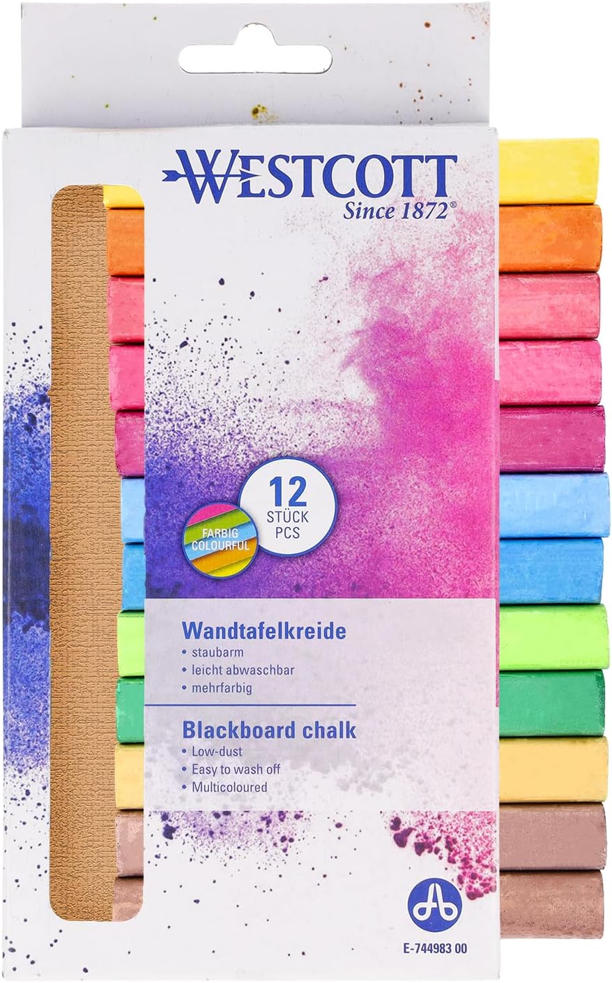 Westcott Chalk Pack 12 Colourful 1.2 cm Diameter 8.5 cm Long Low Dust