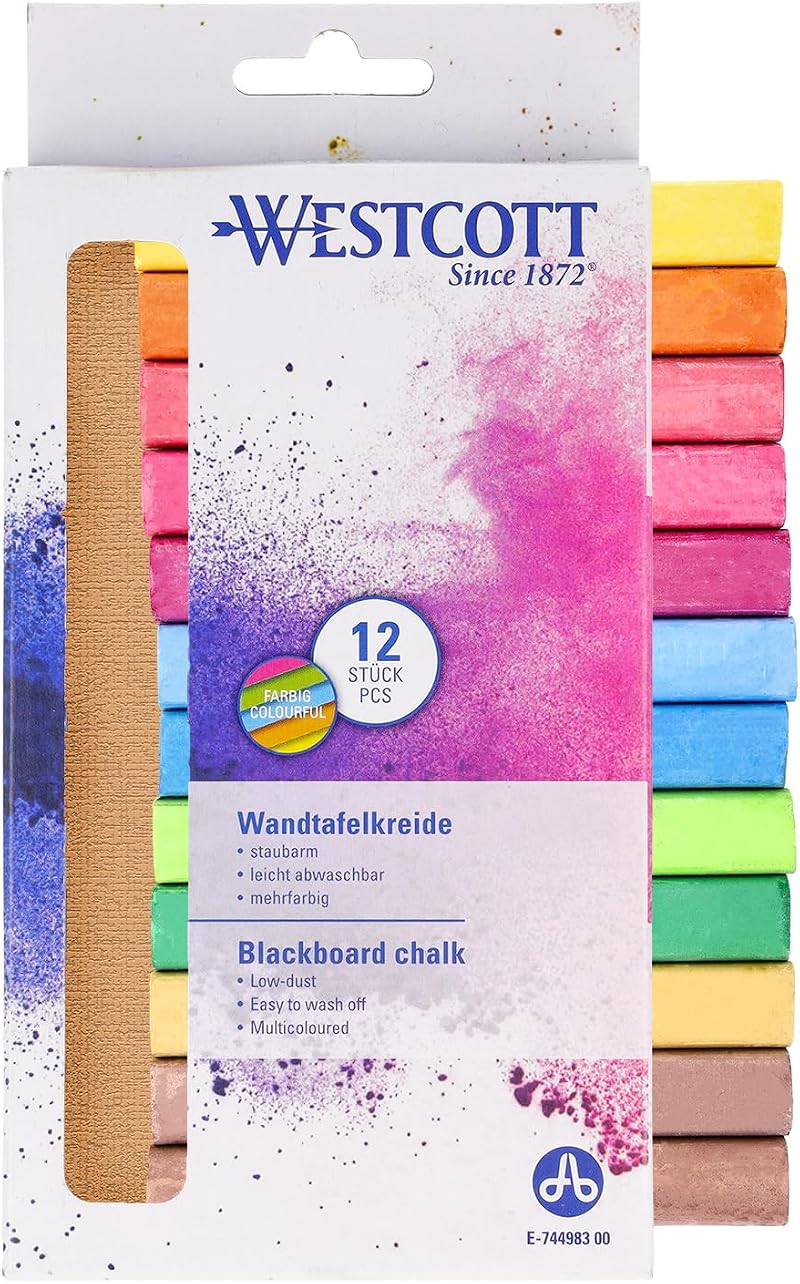 Westcott Chalk Pack 12 Colourful 1.2 cm Diameter 8.5 cm Long Low Dust