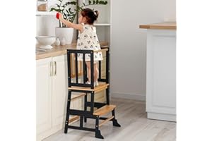 COSYLAND Kids Kitchen Step Stool Helper - Wooden Standing Tower for Kids with Anti-Tip Support Legs - Mothers' Helper Kids Learning Stool for Kitchen Counter (Black & Natural)