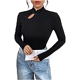 SweatyRocks Women's Long Sleeve Knit Ribbed Cheongsam Button up Mock Neck Tops