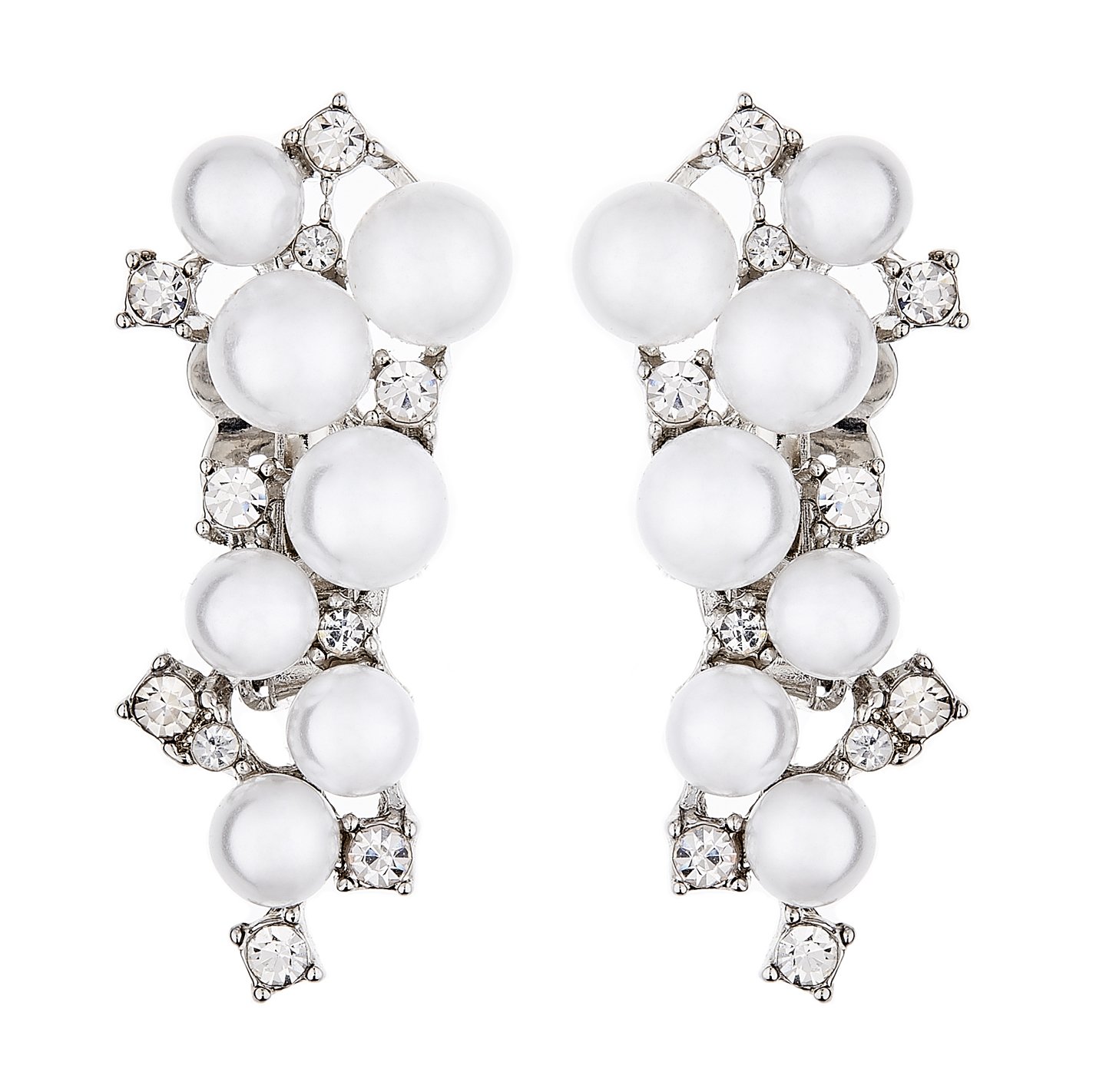 Clip On Earrings - Silver Plated With Pearls And Clear Crystals - Colola