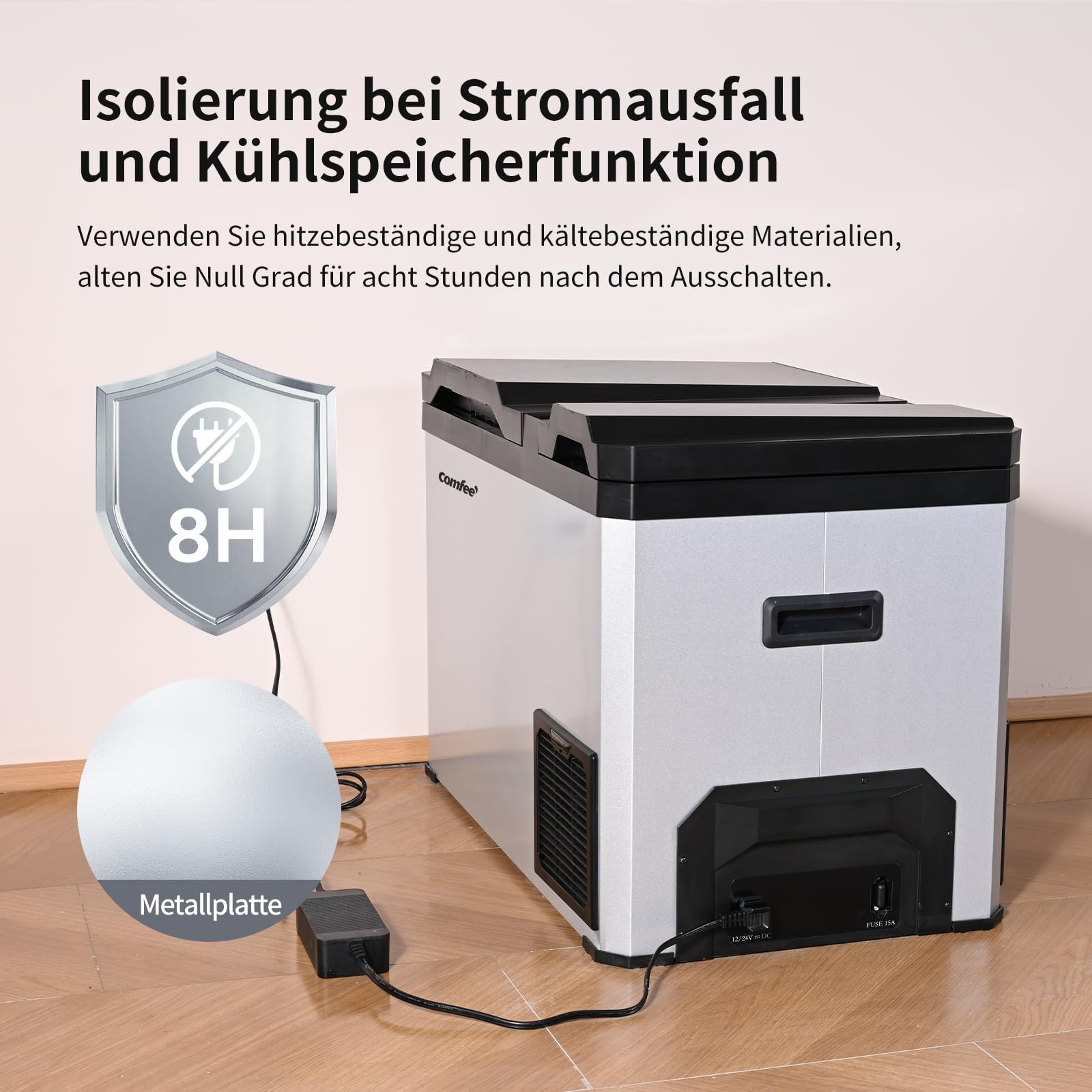Comfee RCP43DS3(E) 43L Kompressor-Kühlbox Dual-Zonen, elektronische Steuerung, LED-Licht, ECO-Modus, geräuscharm, geeignet für Zuhause und Outdoor, 12/24V DC und 100-240V AC Stromversorgung 9