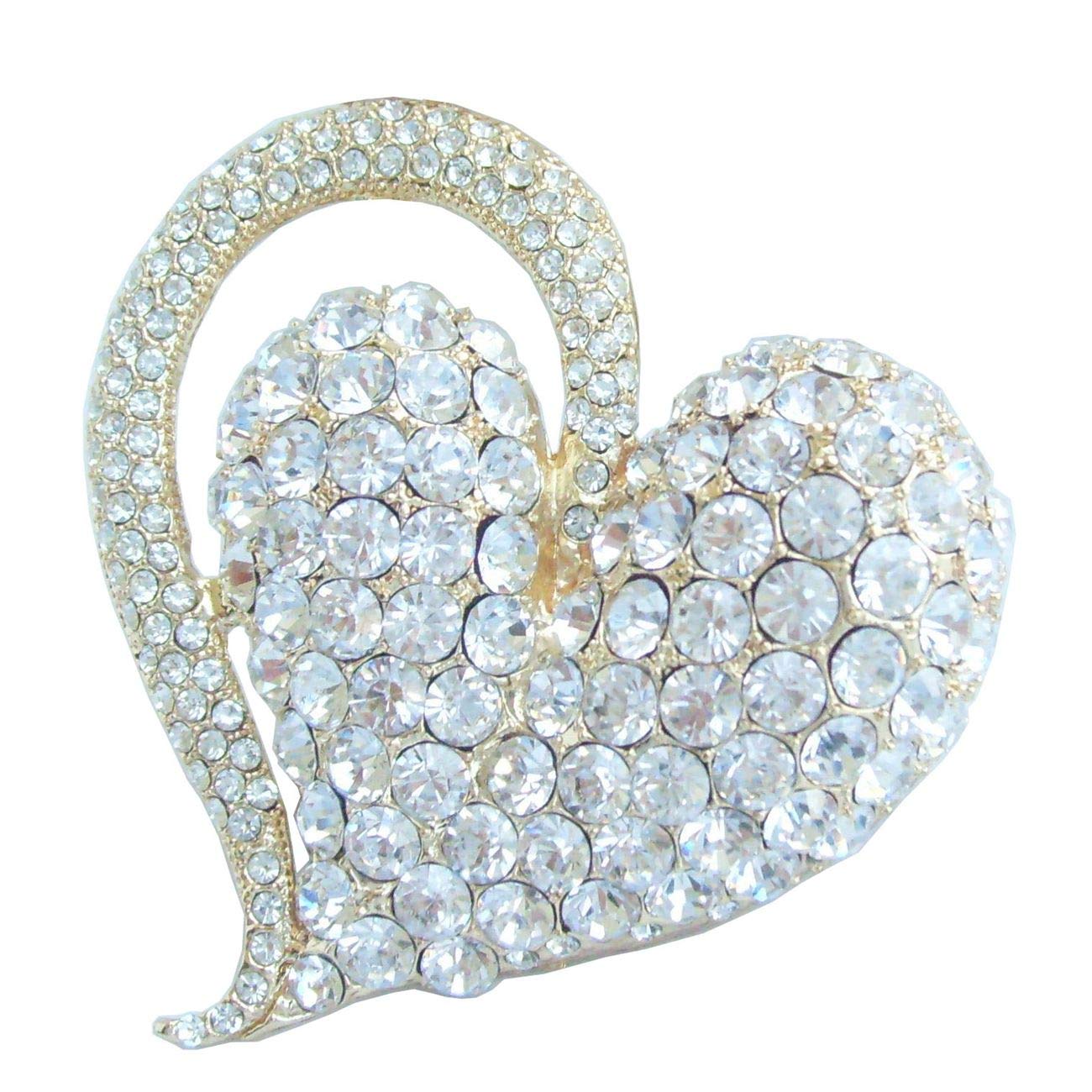 Sindary 2.76" Austrian Crystal Pendant Love Heart Brooch Pin UKB4817 (Gold-Tone Clear)