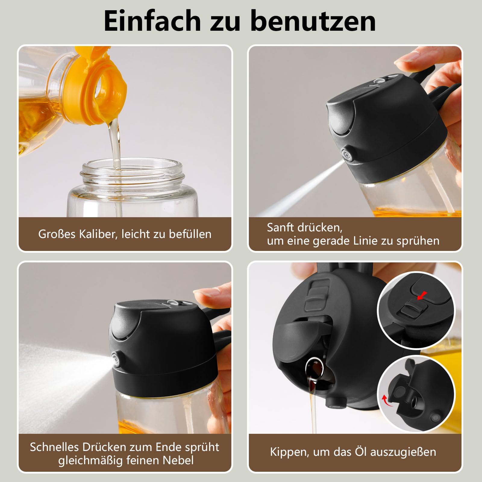 SWEET VIEW 2 in 1 Ölsprüher zum Kochen, 470ml Glasölflaschen/Olivenöl Sprühflasche für Salat, Grillen und Heißluftfritteuse (Schwarz) 2
