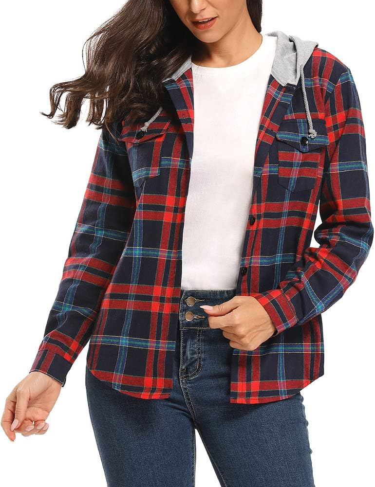 BomDeals Women's Classic Plaid Cotton Hoodie Button-up Flannel Shirts