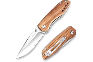 Vickay Pocket Knife, Folding Knife with Clip, 2.95" 8Cr13MoV Half-Serrated Steel Blade, Wood Hanlde EDC Knife for Men & Women, Liner Lock Knife for Outdoor Camping, Hunting, Tactical and Fishing Gift