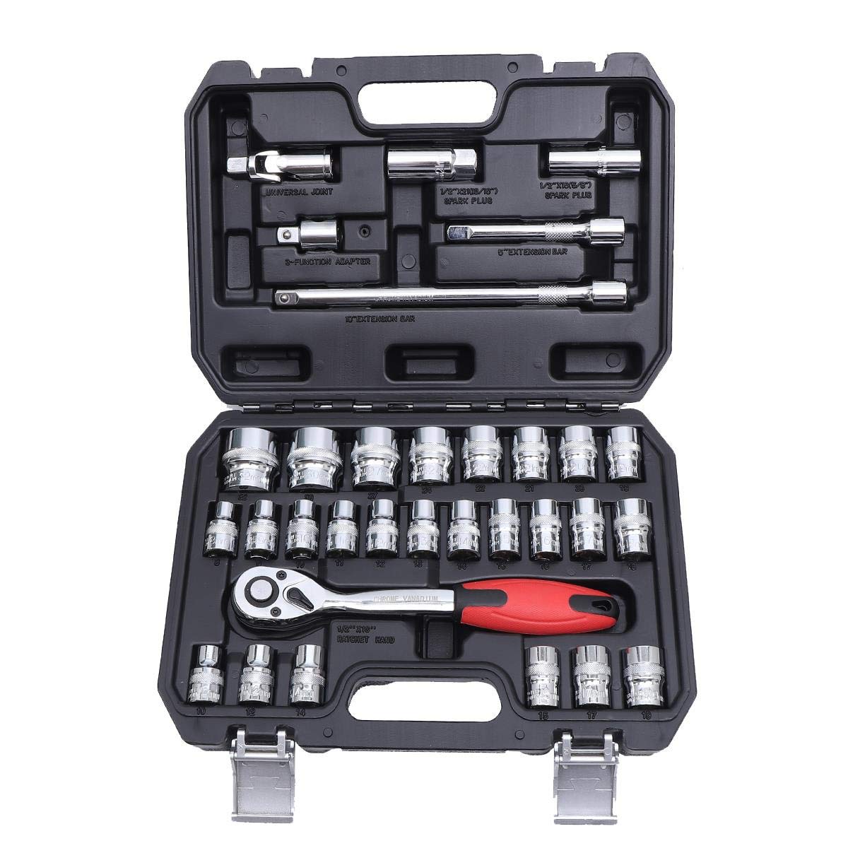 KATSU 1/2 Inch Socket Set 32PCs, 8-32mm Metric Drive with 72-Teeth Quick-Released Ratchet Wrench and Extension Bars, High Grade Chrome Vanadium Steel, Auto Repairing Garage Tool 420347