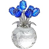 Enjinkail Blue Rose Flower Crystal Figurine with Vase, Bouquet Flowers Ornament Gifts for Wife Girlfriend Women, Handmade Crystal Flower Collectible Home Table Decor ​for Valentine's Day Wedding