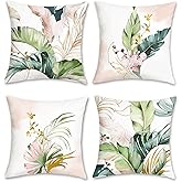 Bonhause Tropical Leaves Throw Pillow Covers 18x18 Set of 4 Green and Pink Palm Leaf Decorative Pillows Case Soft Velvet Cushion Covers for Outdoor Couch Sofa Patio Decor