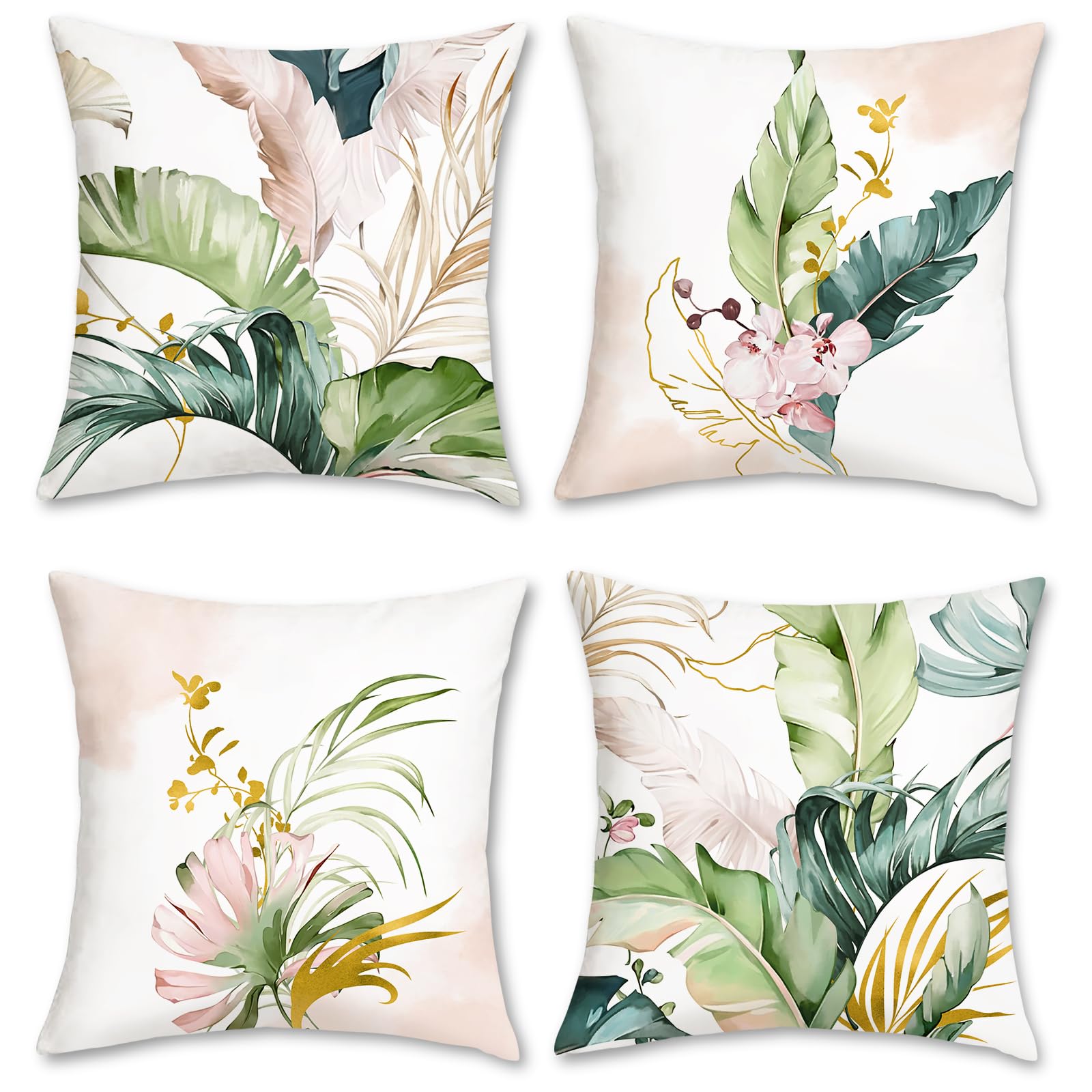 Bonhause Green and Pink Leaves Cushion Covers 50 x 50 cm Tropical Leaf Decorative Throw Pillow Covers Soft Velvet Pillowcases for Sofa Patio Garden Decor Set of 4 — image 1