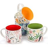 Frcctre Set of 4 15 Ounce Multicolored Ceramic Coffee Mug Set, Large Ceramic Tea Cup with Handle, Vintage Hand Painted Floral