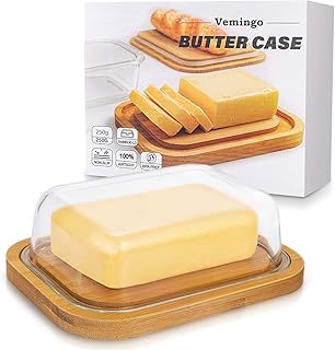 Vemingo Butterdose aus Glas mit Bambusdeckel für 250 g Butter, BPA-frei, transparent, Butter Dish Bambusabdeckung Butterdose Glas mit Deckel mit edler Verpackung