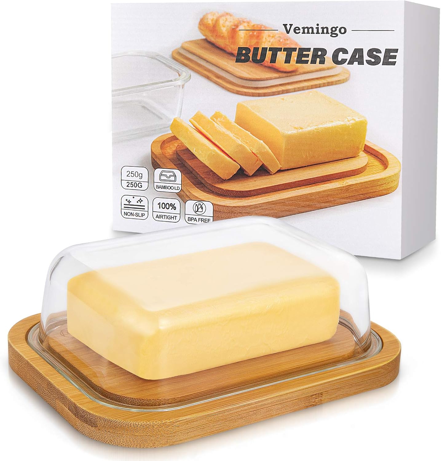 Vemingo Butterdose aus Glas mit Bambusdeckel für 250 g Butter, BPA-frei, transparent, Butter Dish Bambusabdeckung Butterdose Glas mit Deckel mit edler Verpackung