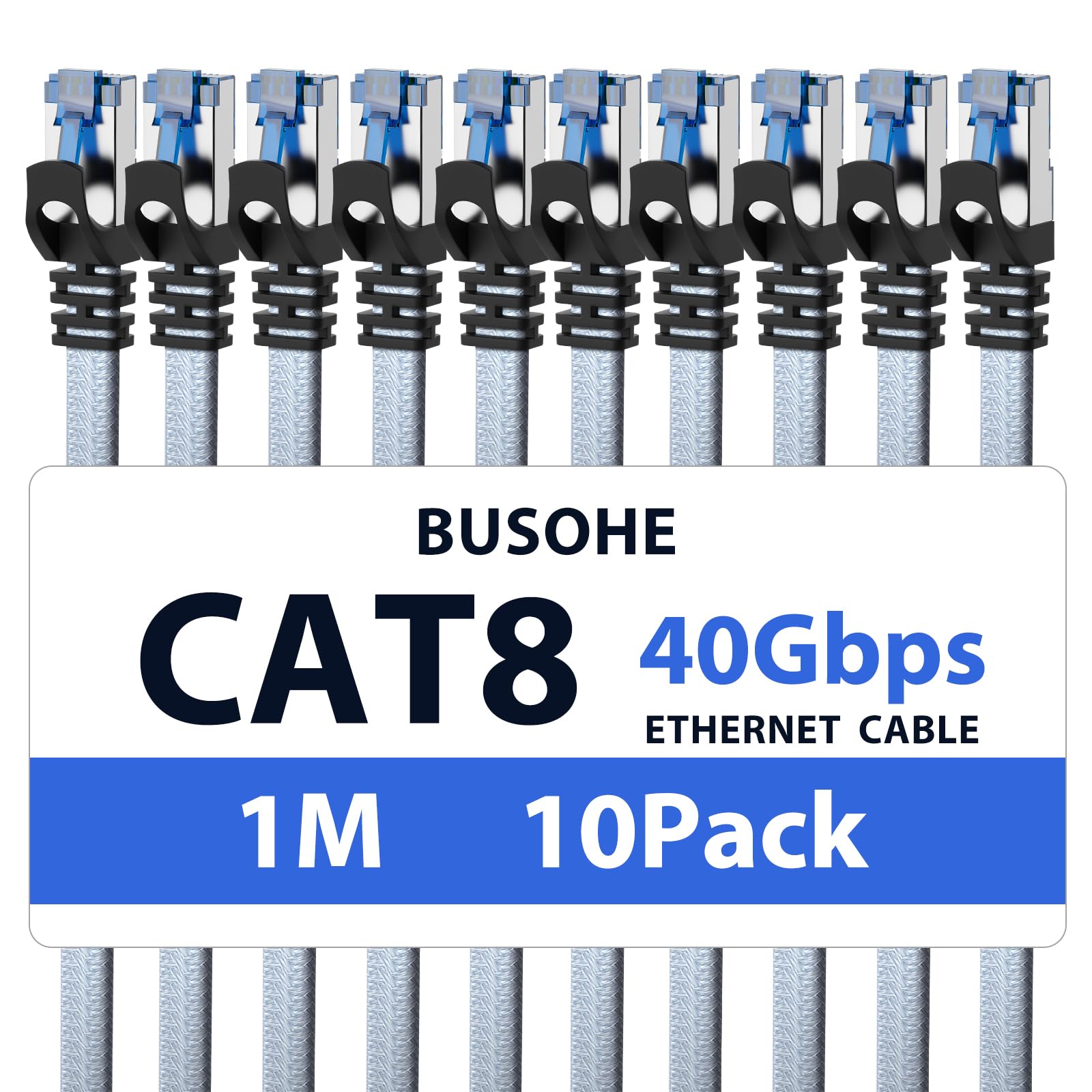 BUSOHE Cat 8 Ethernet Cable 1m (10 Pack), High-Speed 40Gbps 2000MHz Network Cable Braided Flat Gigabit Rj45 STP Shielded Internet Network Lan Cable Cord Compatible with PC, Laptop, Routers, Modem