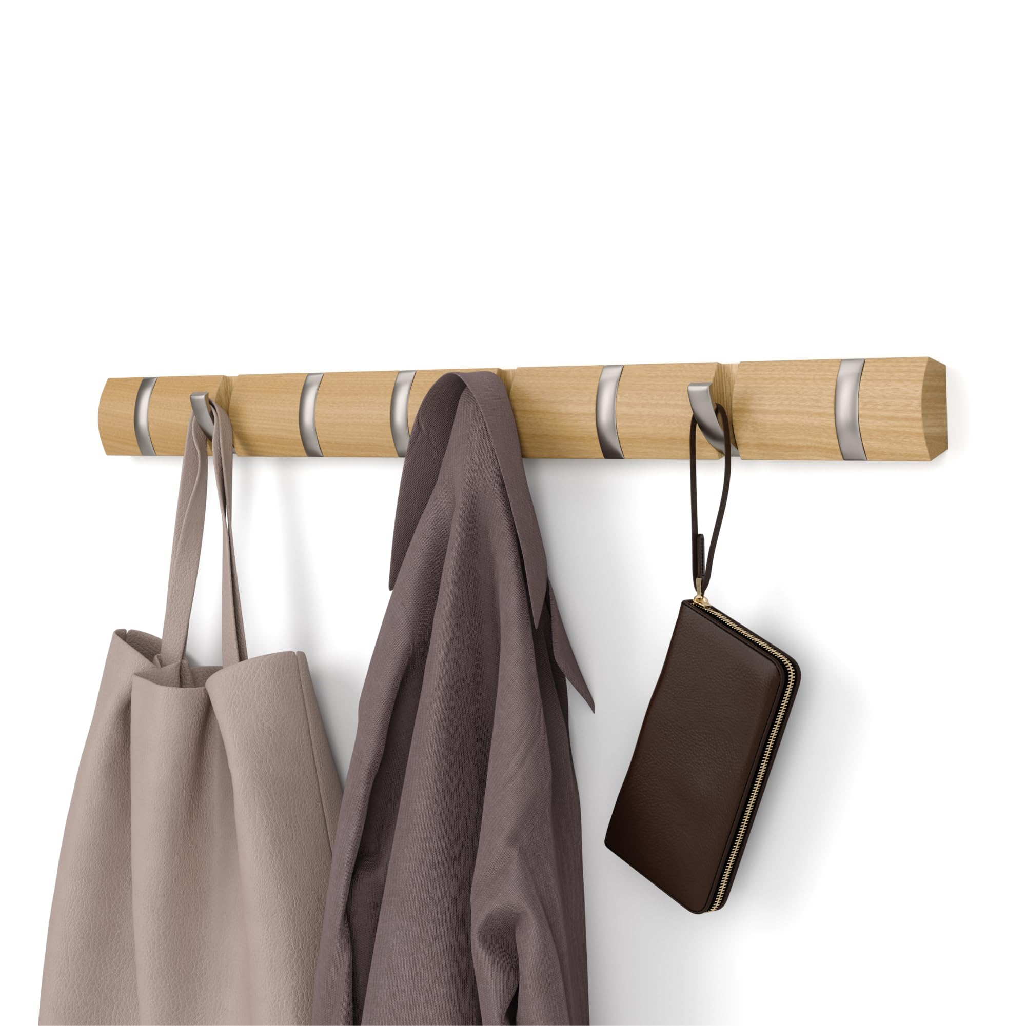Umbra Flip Wall-Mounted Coat Rack with 8 Hooks โ Modern, Space-Saving Storage for Hats, Jackets, Bags, Entryway, Mudroom, Closet, Bathroom, Bedroom โ Natural/Nickel โ image 1