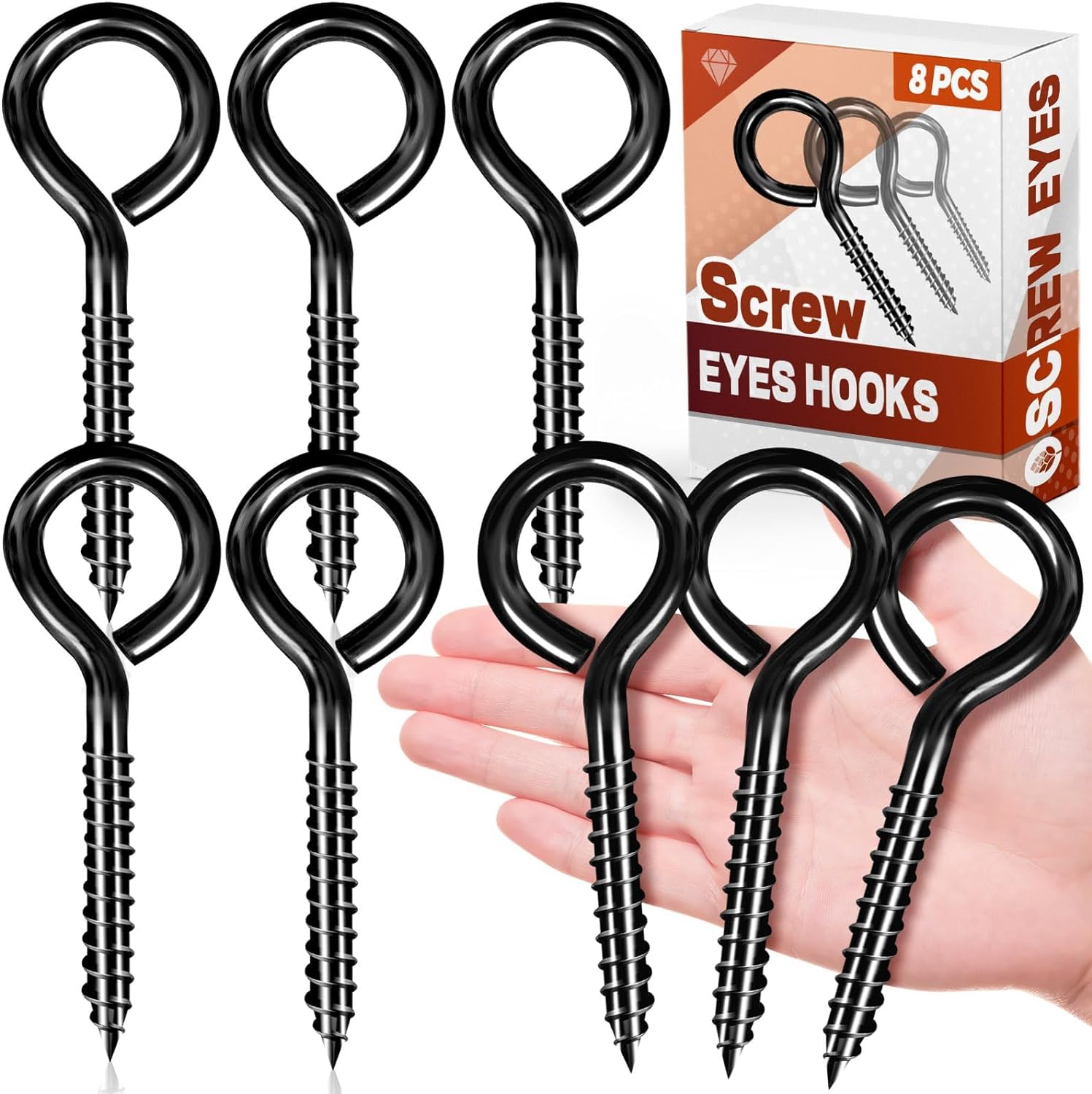 8 Pack Eye Bolt Lag Screw, 5 Inch Stainless Steel Screw Eyes, Black Hooks for Wood, Self Tapping Eyelet Bolts, Securing Cables Wires, Sturdy Hanging Hooks for Indoor & Outdoor