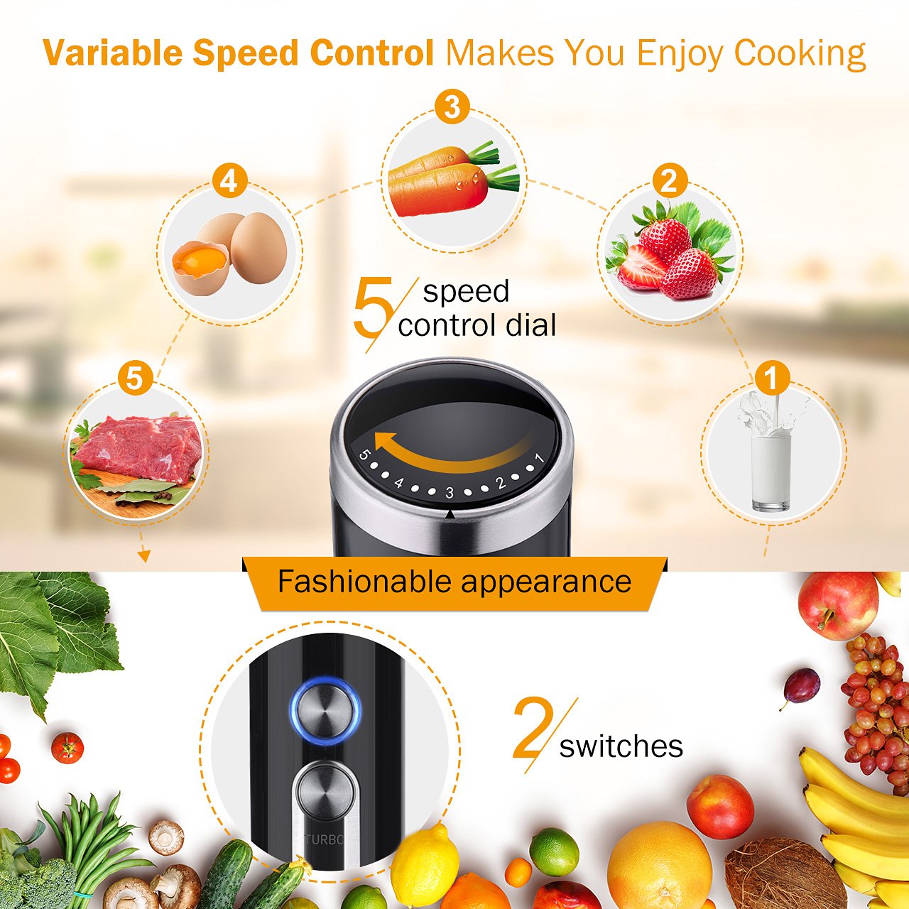 iKich 4in1 Hand Blender, 5 Speeds with Turbo Button, 500ml BPAFree