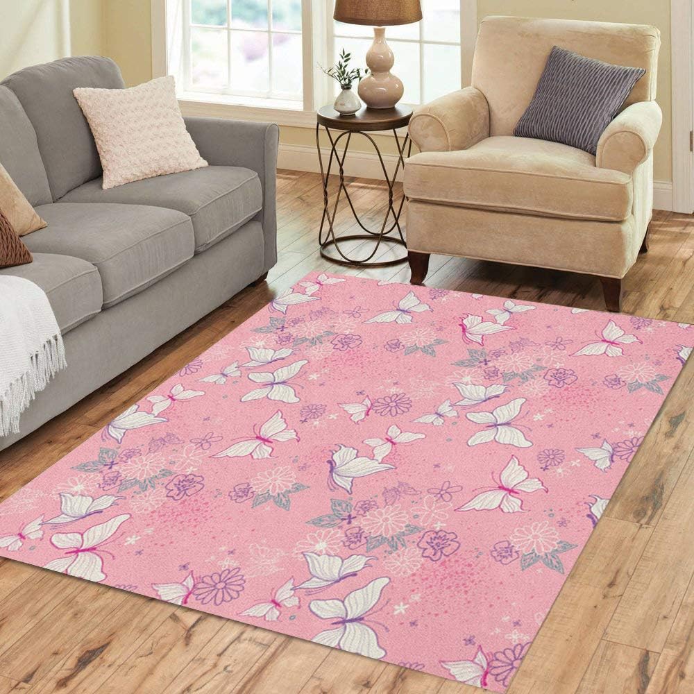 Pinbeam Area Rug Purple Girl Pretty Pink Micro Boho Butterfly Floral Home Decor Floor Rug 3' x 5' Carpet