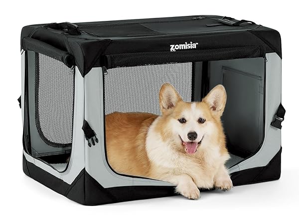 ZOMISIA COLLAPSIBLE DOG CRATE FOR MEDIUM DOGS – 30 INCH PORTABLE DOG TRAVEL CRATE SOFT SIDED WITH BREATHABLE MESH WINDOWS, FOLDABLE DOG KENNEL FOR INDOOR AND OUTDOOR, GREY