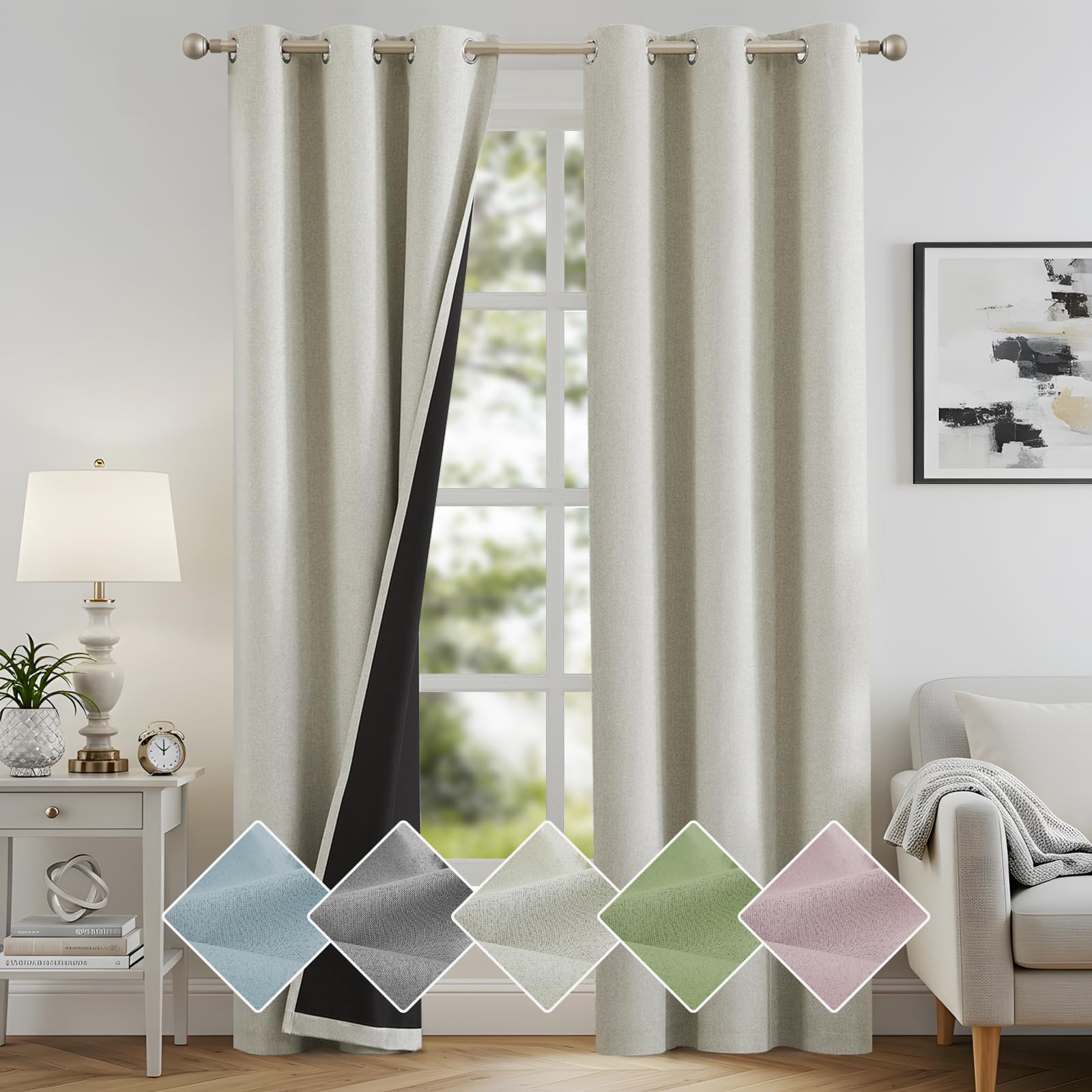 melodieux 100% blackout linen textured curtains, beige black out curtains 72 inch length thermal insulated drapes for bedroom/living room, grommet top and black back, 42" w x 72" l(2 panels)