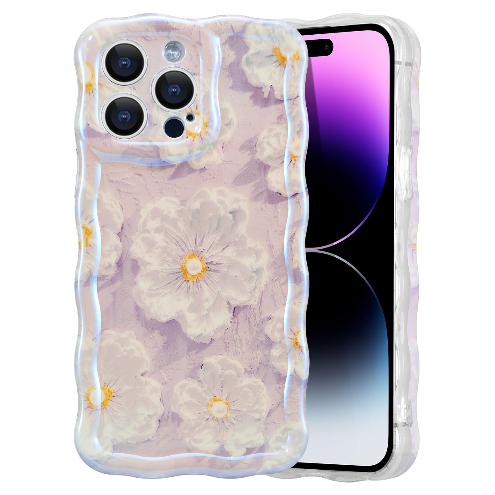 EYZUTAK Case for iPhone 15 Pro, Colorful Retro Oil Painting Flower Laser Glossy Pattern Cute Curly Wave Border Exquisite Phone Cover Stylish Durable TPU Protective Case for Girl Women - Light Purple