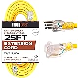 25 Foot Lighted Outdoor Extension Cord - 12/3 SJTW Heavy Duty Yellow Extension Cable Extension Cable with 3 Prong Grounded Pl