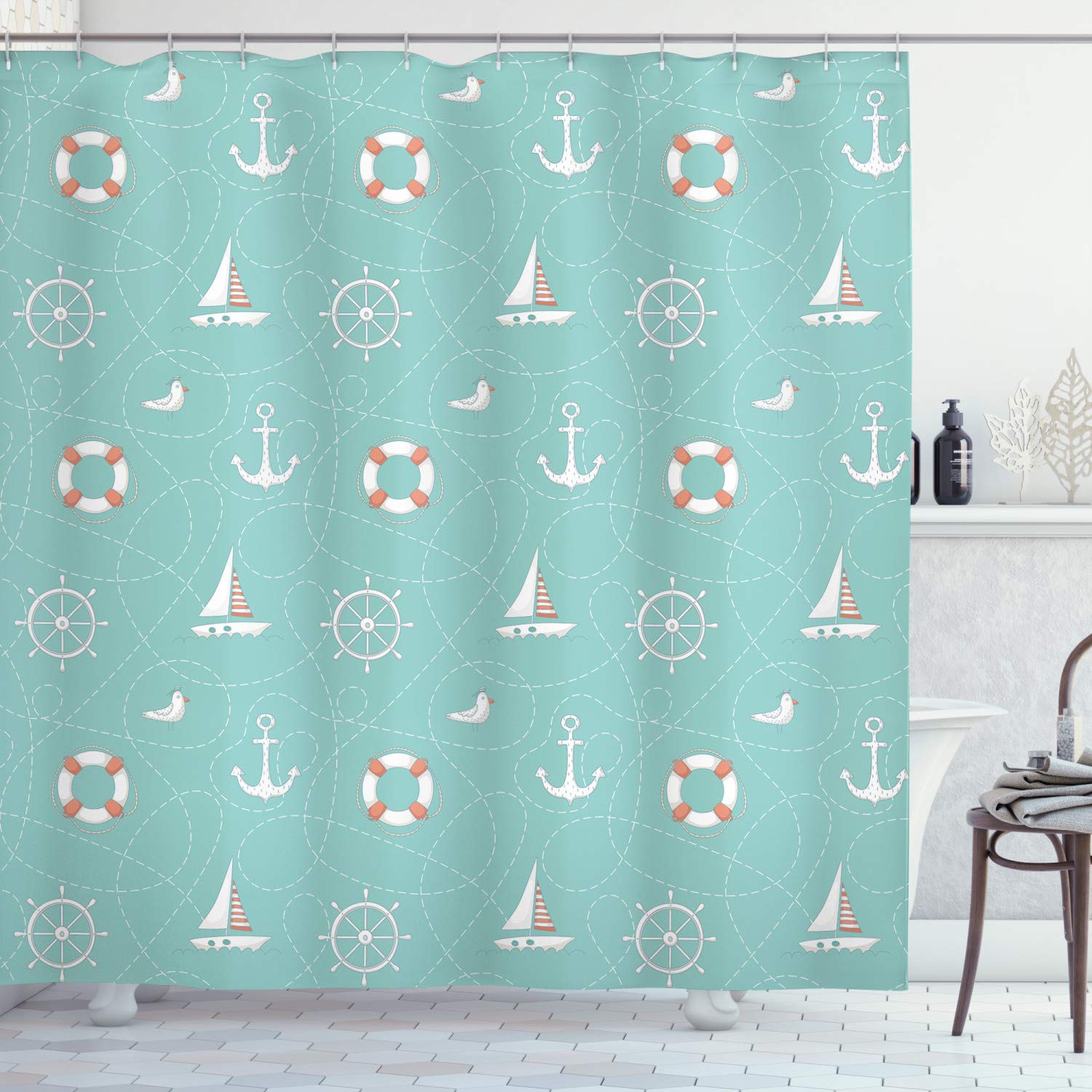 ABAKUHAUS Anchor Shower Curtain, Nautical Arrangement with Seagull Helm and Lifebuoy Sailing Doodle, Cloth Fabric Bathroom Decor Set with Hooks, 78 Inches, Seafoam Salmon and White