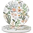 Car Cup Holder Coaster, Car Coasters for Cup Holders, 2 Pack Universal Anti Slip Insert Absorbent Ceramic Auto Interior Accessories with A Finger Notch & Cork Base, Village Road Flowers
