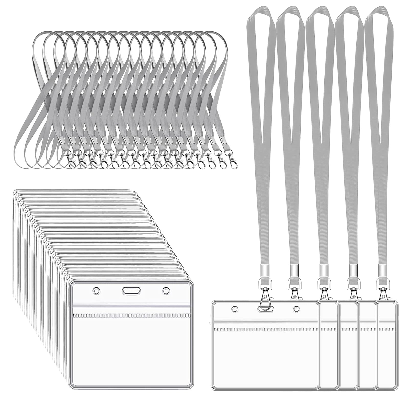 XHDA Grey 30PCS Lanyards for Neck with 30PCS Card Holder, Lanyard with Clear Plastic Card Holder for ID Card and Staff