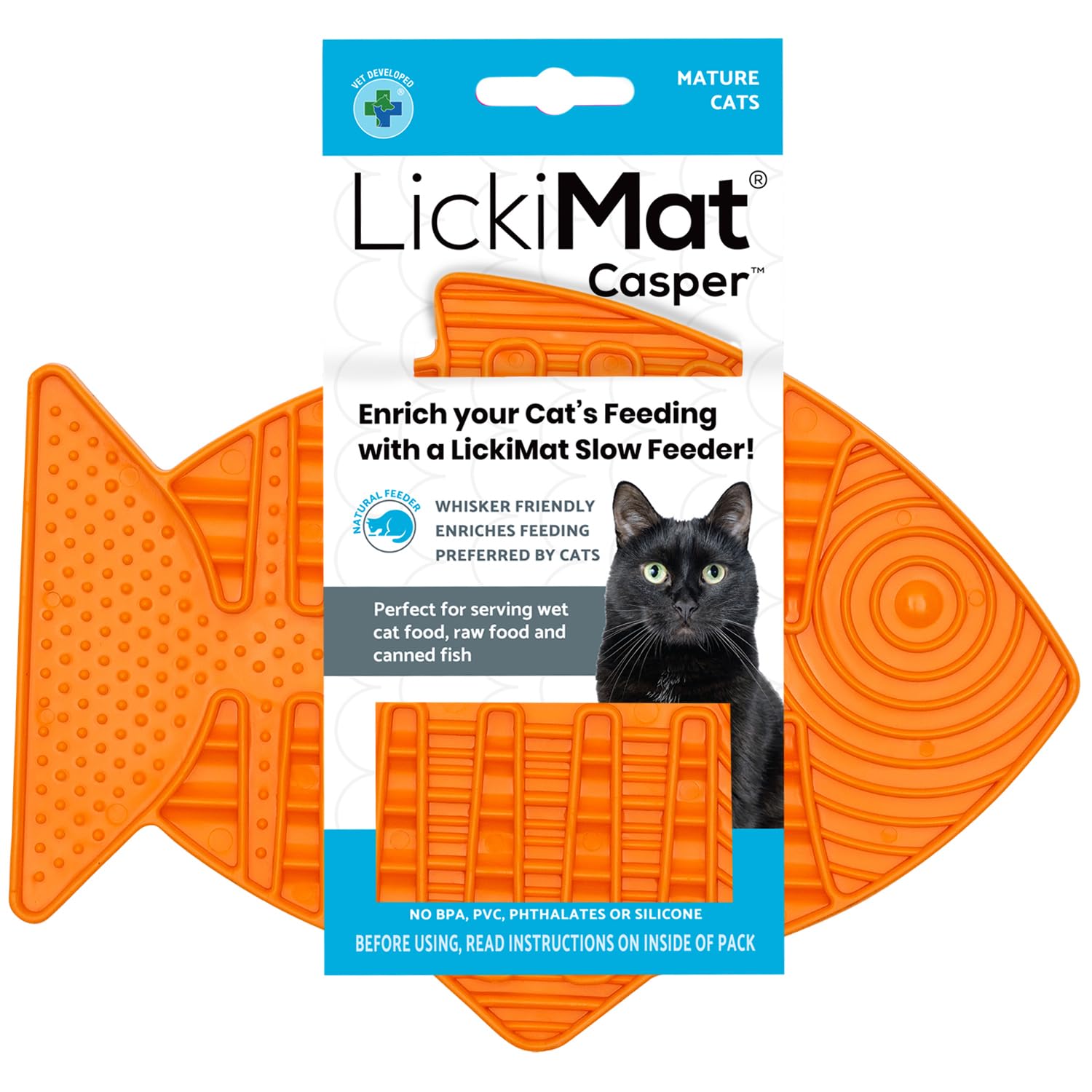 LICKIMAT Casper, Fish-Shaped Cat Slow Feeders for Feline Boredom and Anxiety Reduction; Perfect for Food, Treats and Anxiety Reduction, Orange