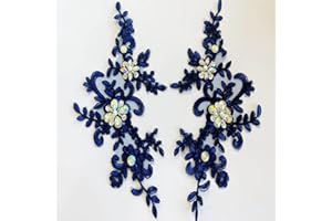 Zbroh Fine Lace Fabric Patches Embroidered Rhinestones Trim Applique Decor Dress Decoration sew on Sequins Beads Accessory one Pair (Navy Blue)