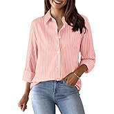 Aoudery Womens Button Down Shirts Cotton Striped Dress Shirt Long Sleeve Collared Office Work Pinstripes Blouses Tops
