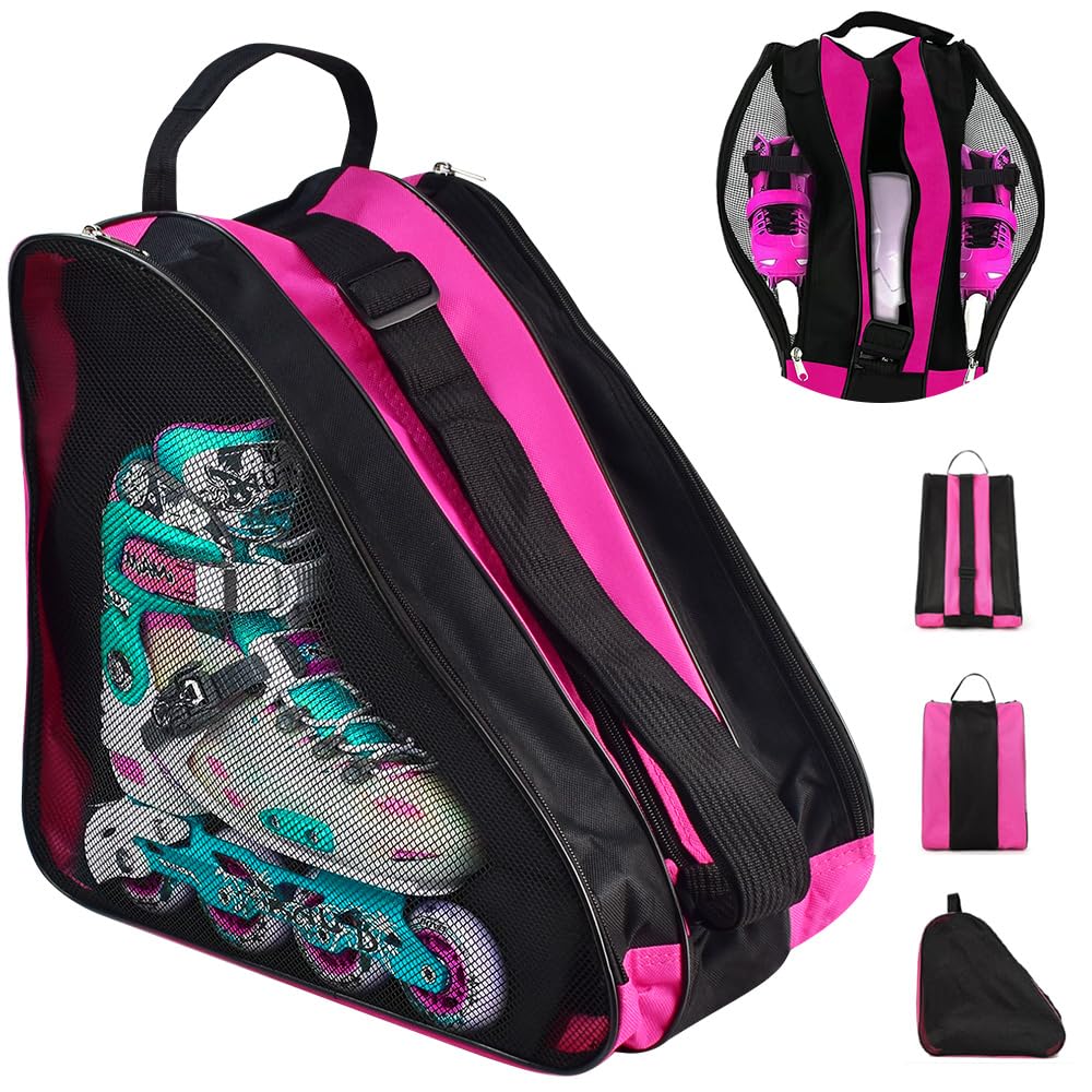 ADERTOS Roller Skate Bag, Unisex Ice Skate Bag Oxford Cloth Roller Skating Bag Breathable Inline Skates Carry Bag Case Triangle Skates Shoe Bags with Adjustable Shoulder Strap for Women Men (Pink)