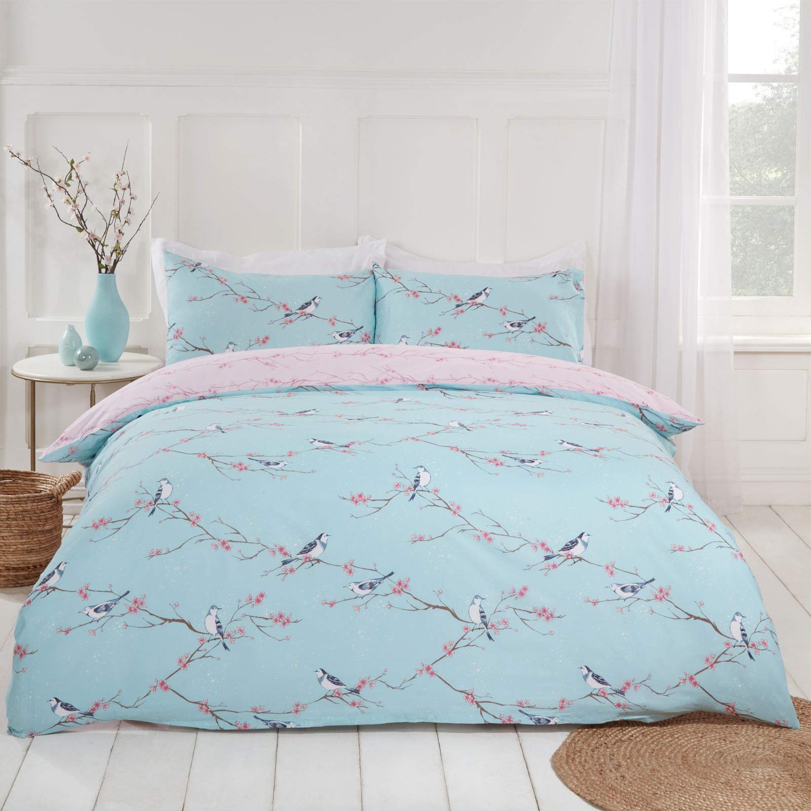 Dreamscene Blossom Bird Reversible Floral Quilt Duvet Cover with Pillowcase Bedding Set, Duck Egg Blush - King