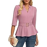 GRACE KARIN 2026 Women Dressy Tops, V Neck Half Sleeve Business Casual Blouses, Spring Fashion Peplum Work Shirts with Belt