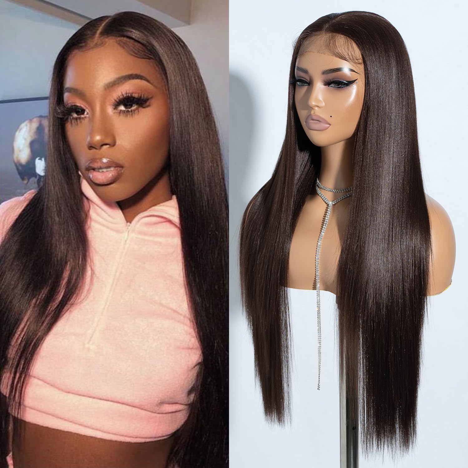 Joedir 13x4 Straight Lace Frontal Wig for Women - Glueless Synthetic Light Yaki Straight Hair, Pre-Plucked With Baby Hair, Free Parting, 30 Inch Brown Wigs