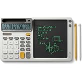 DPEDUAI Solar Calculator with 7.5 Inch Writing Pad 12-Digit Desk Notepad | 12-Digit Display, 7.5" Clear LCD Board, Dual Solar &amp; AAA Battery Power, 15&deg; Ergonomic Tilt, Built-In Stand, Stylus Included