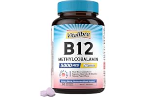 VITALIBRE Vitamin B12 Sublingual 5000 mcg, Methylcobalamin, Bioactive Form B12 Vitamins, High Absorption, Vegan, Nerve, Energy, Immune, Mood Support, Natural Peach Flavor, 90 Fast Dissolve Tablets, No Sugar