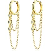 Tassel Chain Hoop Earrings for Women 14K Gold Plated Dainty CZ Small Huggie Hoops Hypoallergenic Statement Jewelry Gifts