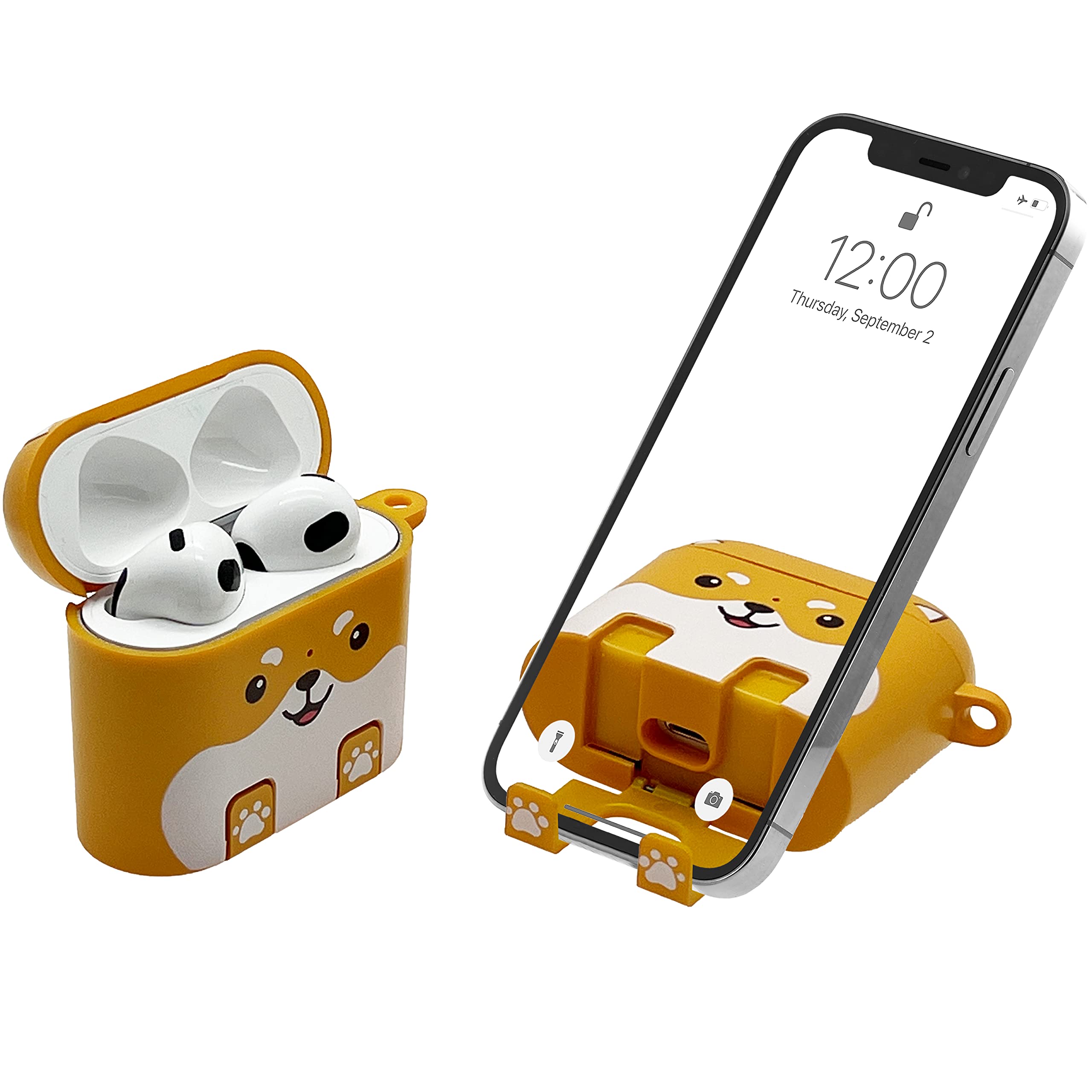 AirStand - AirPods 3 Case Cover with Invisible Phone Stand, Compatible with AirPods 3, Full Protection Shockproof Case with Keychain Carabiner, Wireless Charging Supported, Patented Design (Dog)