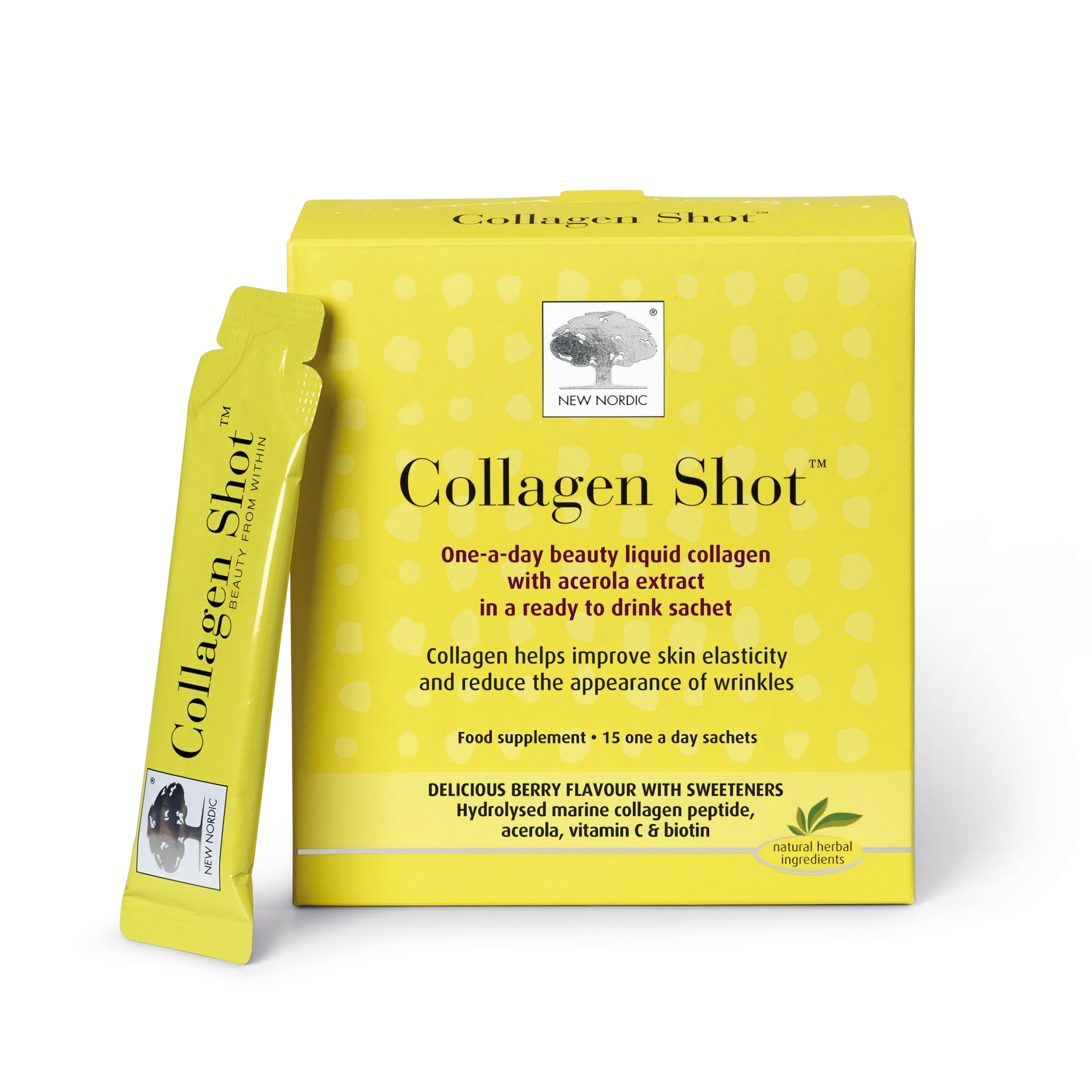 New Nordic Collagen Shot with Marine Collagen Supplement to Improve Skin Elasticity & Reduce Wrinkles, Ready to Drink, Berry Flavour, 15 Sachets