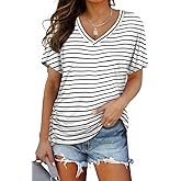 WIHOLL Womens Summer T-Shirts Short Sleeve V Neck Dolman Tops with Side Shirring Loose Fit Shirts Spring Fashion
