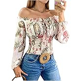 SOLY HUX Women's Floral Blouse Off The Shoulder Lantern Long Sleeve Smocked Boho Vacation Tops