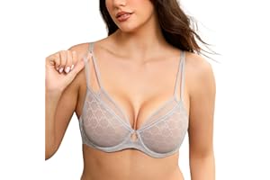 Deyllo Women's Sheer Lace Underwire Bra Unlined Soft Double Layer Mesh Bra for Everyday Wear