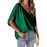 HOTOUCH Womens Business Casual Tops Satin Silk Dressy Blouses V Neck Formal Tops Batwing Half Sleeve Summer Shirt S-XXL