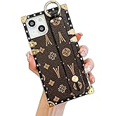 Dropcases Compatible with iPhone 13/14 Case Leather Rectangle,Protective Luxury Designer Case for Women Girls,with Wrist Strap Kickstand Holder Cute Phone Cover for iPhone 14/13-6.1”(Brown)