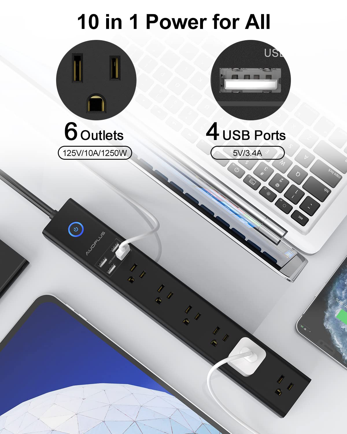Surge Protector Power Strip with USB, AUOPLUS 10FT Outlet Strip, 6 Outlet and 4 USB Charger,[Flat Plug/Wall Mountable], 1250W/10A/2100J, Long Extension Cord for Computer iPhone Home Office Dorm