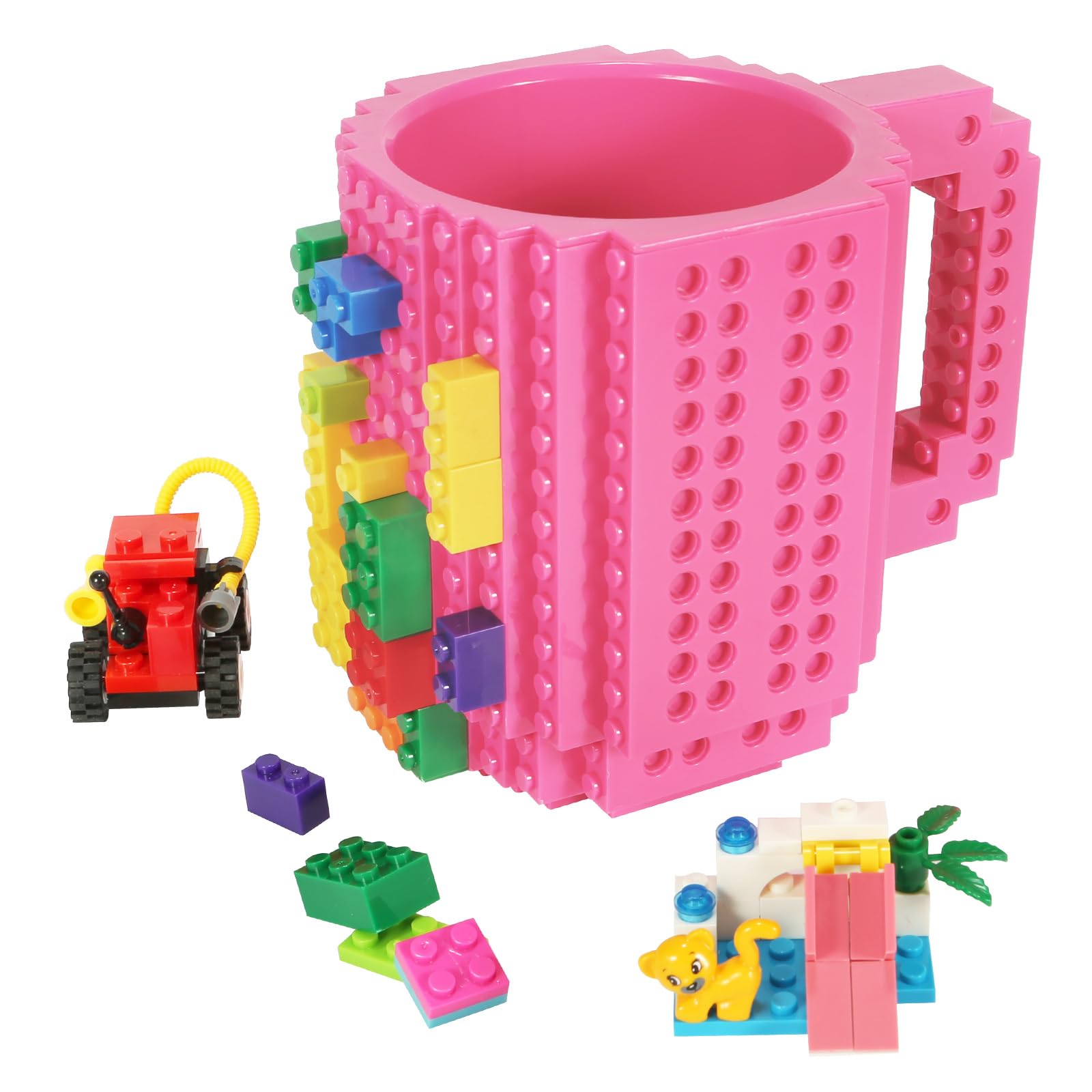 Lumsburry Build-on Brick Coffee Mug, Funny DIY Novelty Cup with Building Blocks Creative Gift for Kids Men Women Xmas Birthday (Rose)