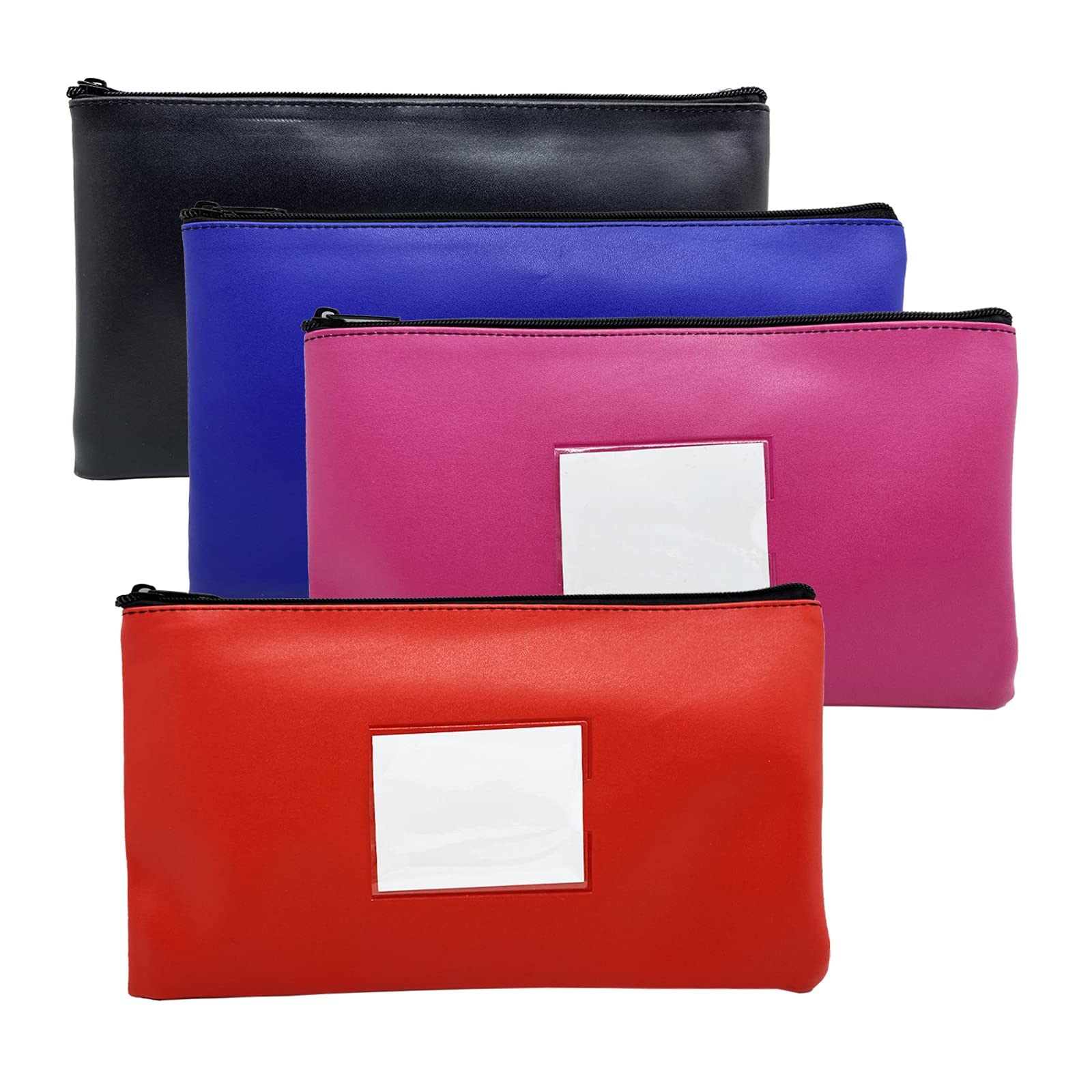 Bank Deposit Money Bag Pouch (4 Pack), Utility Leatherette Securit Vinyl Zipper Wallet Pouches with Framed ID Window and Blank Card for Cash Money, Cosmetics, Tools, 11x6 inches (4 Color)